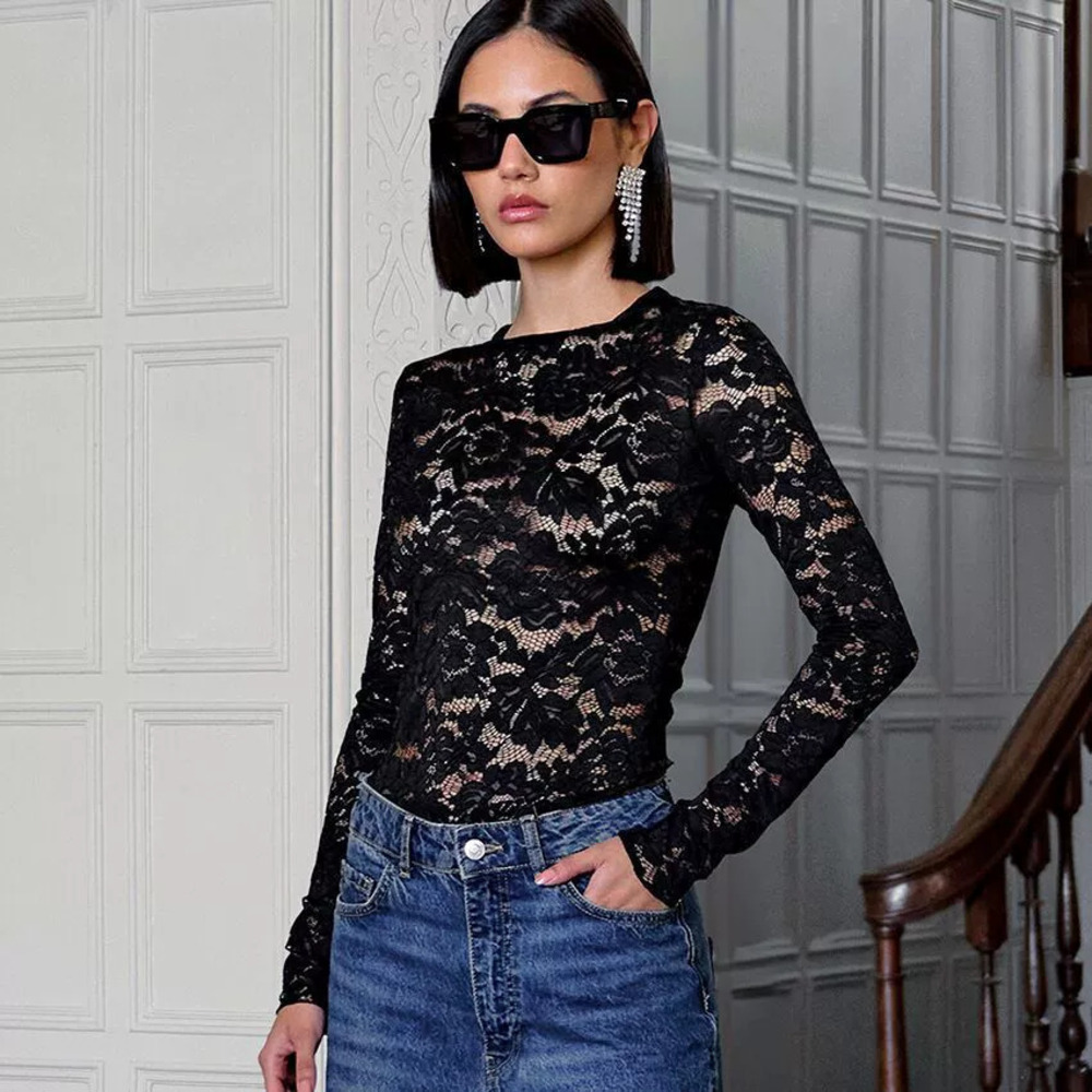 Zara Lace Fleece Lined Mesh Long Sleeve Spring Layering Blouse